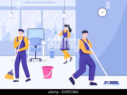 Cleaning Service Company flat Design Illustration. People Clean Wall Windows or Sweeping the Whole Room with a tool for Background, Banner and Poster Stock Vector