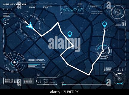 HUD navigation city map screen vector interface with compass, graphs and map points. HUD roadmap with destination route and satellite traffic on city Stock Vector