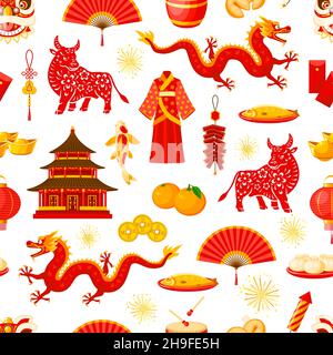 Chinese lunar new year seamless pattern, Asian holiday vector background. Chinese new year symbols pattern of red lanterns and dragon, koi fishes and Stock Vector