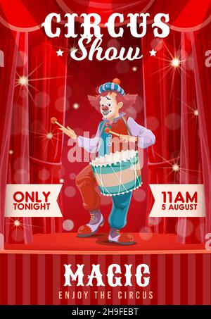 Shapito circus poster, cartoon clown on unicycle, vector funfair ...