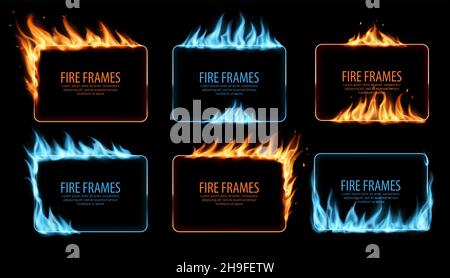 Gas and fire burning flame frames, vector rectangular borders with blue and orange blaze and flying sparks. Realistic 3d flare, burn glowing flame ton Stock Vector