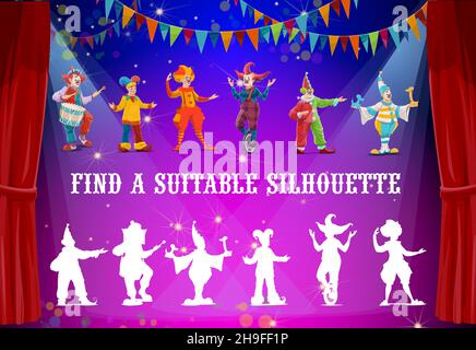 Kids riddle game, find suitable circus clown silhouette, vector find and match shadow. Kids tabletop puzzle or maze board game with funfair carnival c Stock Vector