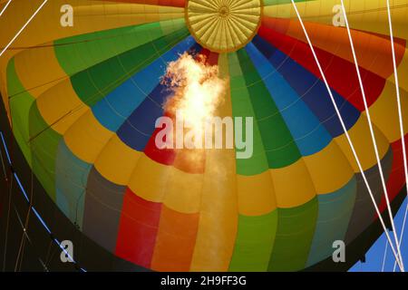 Flames inside colorful hot air balloon giving lift Stock Photo