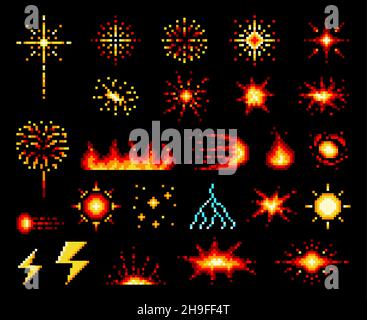 Pixel art explosion and burst animate sprites. Vector 8 bit boom, blast ...