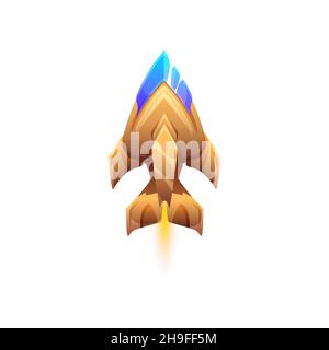 Startup of cartoon rocket starship isolated flaming fire shuttle. Vector starcraft with porthole, boost of fast space ship, adventure travel in cosmos Stock Vector