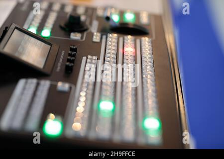 Close up view of video production switcher. Selective focus. Stock Photo