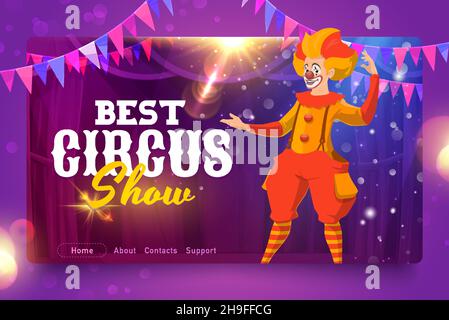 Shapito circus cartoon clown on stage, circus website landing page vector template. Funfair carnival and circus performance show web page with menu bu Stock Vector