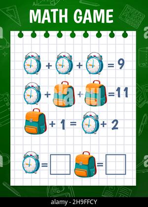Cartoon schoolbag and alarm clock, math game worksheet vector education maze. Kids math puzzle with addition and subtraction of mathematics numbers, s Stock Vector