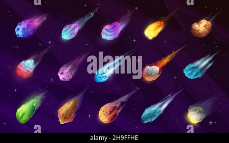 Falling comets, asteroids or meteors with blue flame trail in cosmos ...