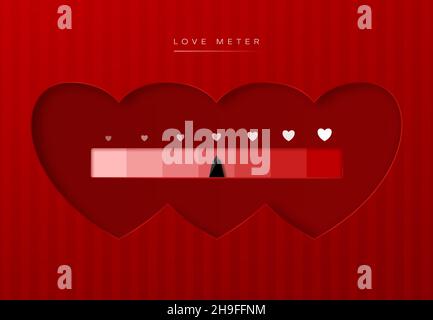 Love meter with hearts scale of horizontal linear gauge chart. Valentine Day vector card with progress indicator of love level with arrow and hearts o Stock Vector