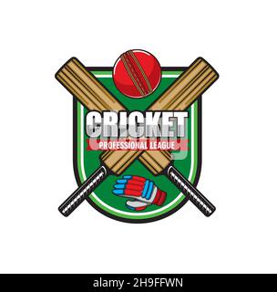 Cricket game icon with crossed bats and ball with glove over green field. Vector emblem of professional sport league, club, team or championship match Stock Vector