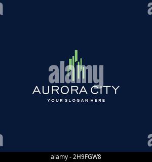 flat AURORA CITY building apartment logo design Stock Vector