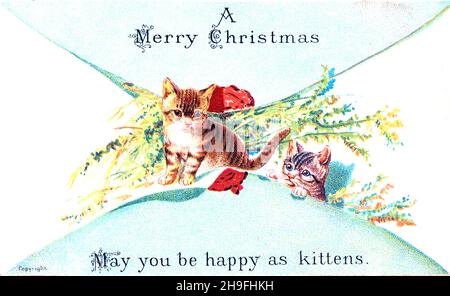 Vintage Christmas Card - Rare Old Fashioned 1900s - Santa Sleigh Ride