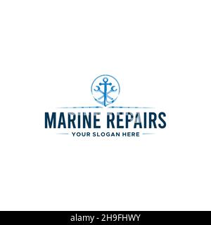 flat MARINE REPAIRS anchor wrench Logo design Stock Vector