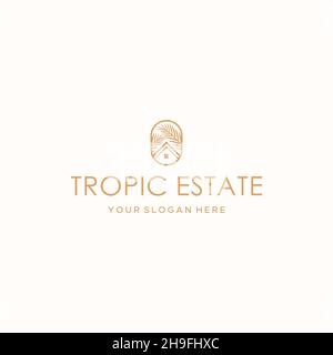 flat TROPIC ESTATE home building leaf Logo design Stock Vector