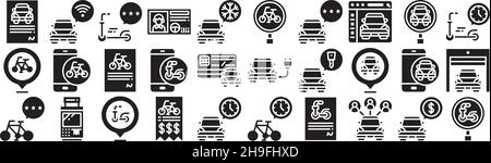 City Transport Rental icon set solid filled glyph pack collection vector transparent background for mobile apps and web designs Stock Vector