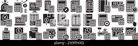 Calculator icon set solid filled glyph pack collection vector transparent background for mobile apps and web designs Stock Vector