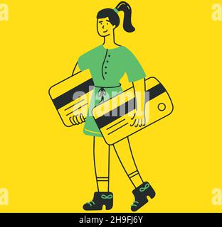 Girl Carries credit cards vector concept flat vector illustration transparent background for mobile apps and web designs Stock Vector