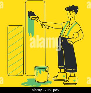 Man paints graph vector concept flat vector illustration transparent background for mobile apps and web designs Stock Vector