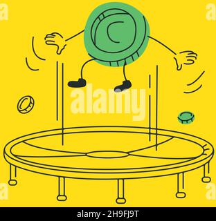 Coin jumps trampoline yellow color icon concept flat vector illustration transparent background for mobile apps and web designs Stock Vector