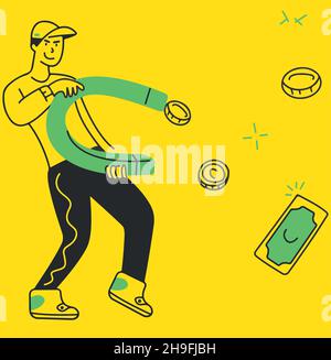 Magnet attracts coins cash money icon concept flat vector illustration transparent background for mobile apps and web designs Stock Vector