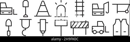 Construction Items icon set line thin outline pack collection vector transparent background for mobile apps and web designs Stock Vector