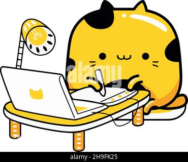 Yellow cat working on laptop flat vector illustration transparent background for mobile apps and web designs Stock Vector