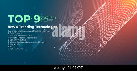 Modern scientific technology background with shapes from small particles. Glowing dots with depth of field effect. Big data visualization. Futuristic Stock Vector