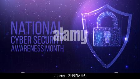 National Cyber Security Awareness Month. Wireframe polygonal shield with globe map. Cyber security, world protection concept with glowing low poly gua Stock Vector
