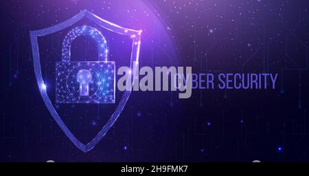 National Cyber Security Awareness Month. Wireframe polygonal shield with globe map. Cyber security, world protection concept with glowing low poly gua Stock Vector