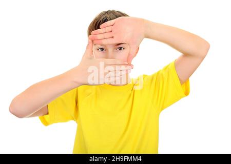 Kid show the Hands Frame on the White Background Stock Photo