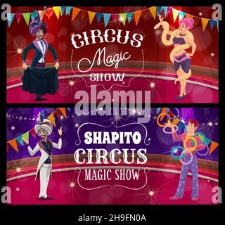 Shapito circus stage, magician, juggler and woman with snake vector ...