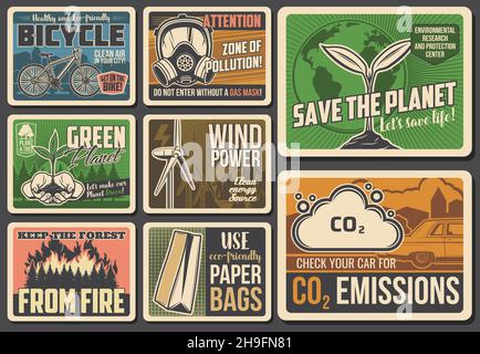 Save nature ecological retro vector posters. Saving water and clear energy,  solar panels, air pollution control center. Electrical car and recycling  technologies, planet environment protection cards Stock Vector