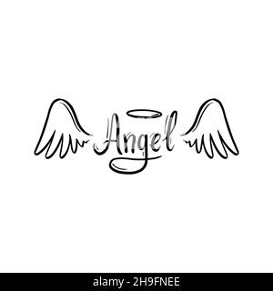 Angel wing with halo and angel lettering text set. Hand drawn line ...
