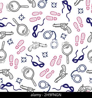 Detective seamless pattern. Hand drawn sketch doodle style crime background. Footprint, fingerprint, magnifier detective investigation pattern. Vector illustration. Stock Vector