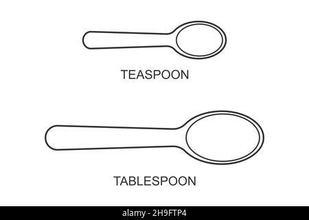 Teaspoon and tablespoon icons top view. Cutlery, kitchen utensils, cooking measuring tools. Vector outline illustration. Stock Vector