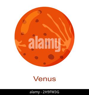 Venus planet icon with name isolated on white background. Second planet from the Sun in Solar system. Universe element. Kids planetary. Vector cartoon illustration. Stock Vector