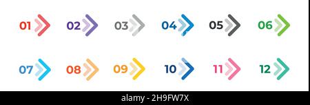 Colourful arrows set isolated on white. Direction number bullet points from one to twelve. Stock illustration Stock Vector