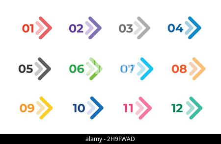 Colourful arrows set isolated on white. Direction number bullet points from one to twelve. Stock Vector