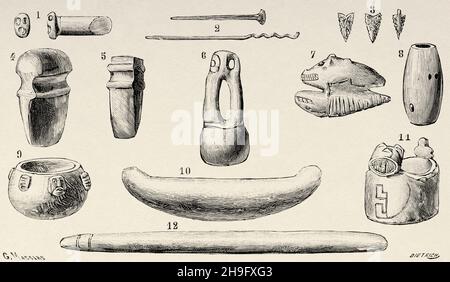 The primitive peoples, prehistoric cemeteries of Argentina. 1,4,5 Stone axes. 3 Arrowheads. 2 Small tools. 7.8 Musical instruments. 6,10,12 Drumsticks. 9.10 Mortars. Old 19th century engraved illustration from La Nature 1897 Stock Photo