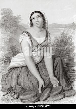 Abigail erail was a Calebite, Nabal's wife, and one of King David's wives. She with him she had a son, Chileab. Old 19th century engraved illustration from Mugeres de la Biblia by Joaquin Roca y Cornet 1862 Stock Photo