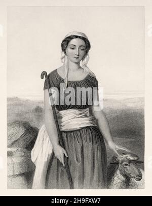 Raquel, was the wife of her cousin Jacob, mother of the patriarch Joseph and Benjamin. Genesis of the Bible. Old 19th century engraved illustration from Mugeres de la Biblia by Joaquin Roca y Cornet 1862 Stock Photo