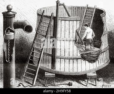 Siphon for carbonic acid gas. Working device and detail of the siphon and the priming piston. Old 19th century engraved illustration from La Nature 1885 Stock Photo