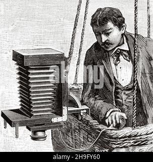 Arrangement of the camera in the basket of the balloon Commander Riviere. Old 19th century engraved illustration from La Nature 1885 Stock Photo