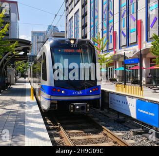 CATS system train entering 7th station in downtown Charlotte. September 29, 2021. Stock Photo