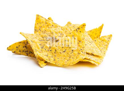Salted tortilla chips triangle with chia seeds. Stock Photo