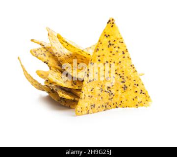 Salted tortilla chips triangle with chia seeds. Stock Photo