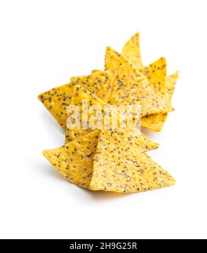 Salted tortilla chips triangle with chia seeds. Stock Photo