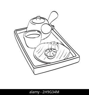 traditional japanese tea pot and cup with sweets on tray  illustration vector hand drawn isolated on white background line art. Stock Vector