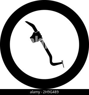 Crowbar tool in hand remove nail holder pulls icon in circle round black color vector illustration image solid outline style simple Stock Vector